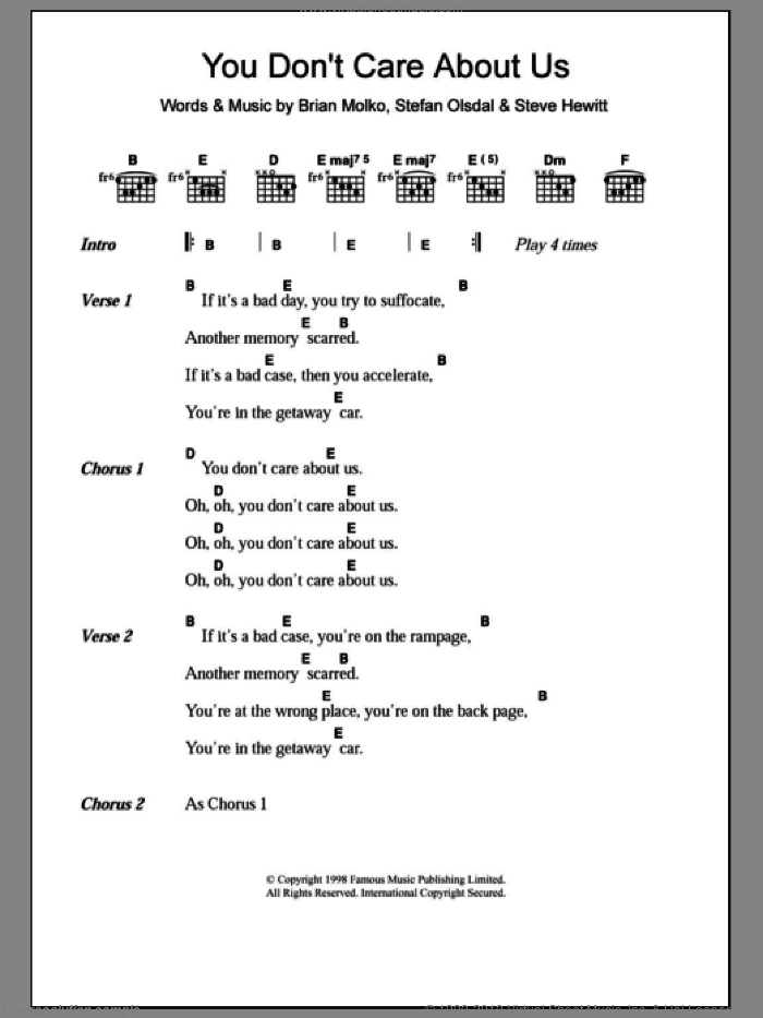 You Don't Care About Us sheet music for guitar (chords) by Placebo, Brian Molko, Stefan Olsdal and Steve Hewitt, intermediate skill level