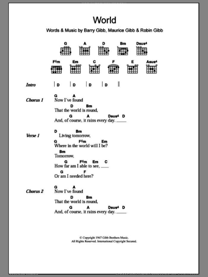 World sheet music for guitar (chords) by Bee Gees, Barry Gibb, Maurice Gibb and Robin Gibb, intermediate skill level