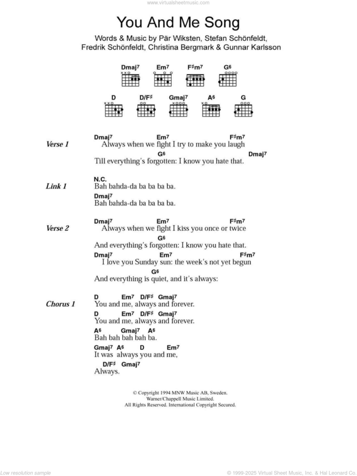 You And Me Song sheet music for guitar (chords) by The Wannadies, Christina Bergmark, Fredrik Schonfeldt, Gunnar Karlsson, Par Wiksten and Stefan Schonfeldt, intermediate skill level