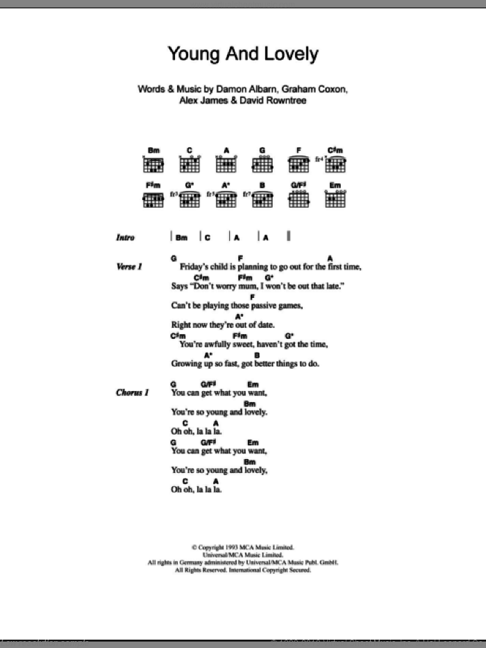 Young And Lovely sheet music for guitar (chords) by Blur, Alex James, Damon Albarn, David Rowntree and Graham Coxon, intermediate skill level