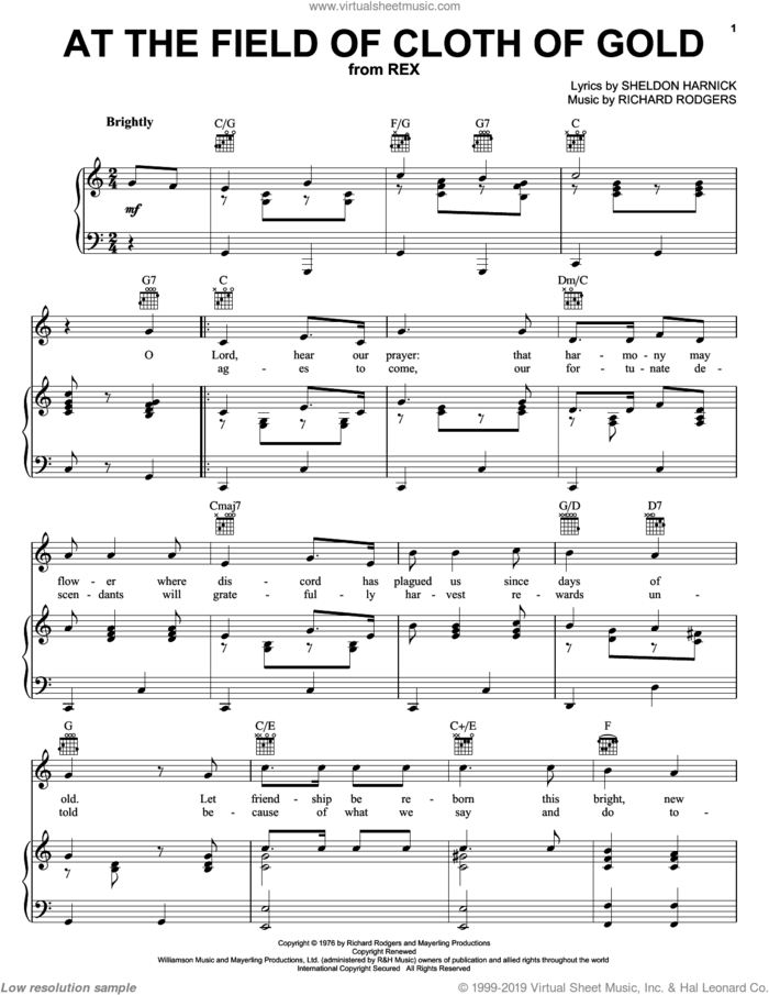At The Field Of Cloth Of Gold sheet music for voice, piano or guitar by Richard Rodgers, Rex (Musical) and Sheldon Harnick, intermediate skill level