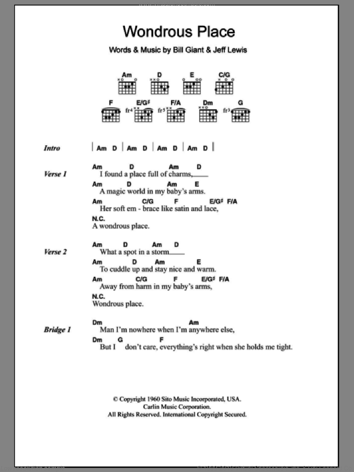 Wondrous Place sheet music for guitar (chords) by Billy Fury, Bill Giant and Jeff Lewis, intermediate skill level