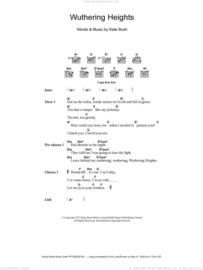 Wuthering Heights sheet music for guitar (chords) by Kate Bush, intermediate skill level