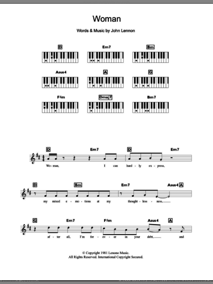 Woman sheet music for piano solo (chords, lyrics, melody) by John Lennon, intermediate piano (chords, lyrics, melody)