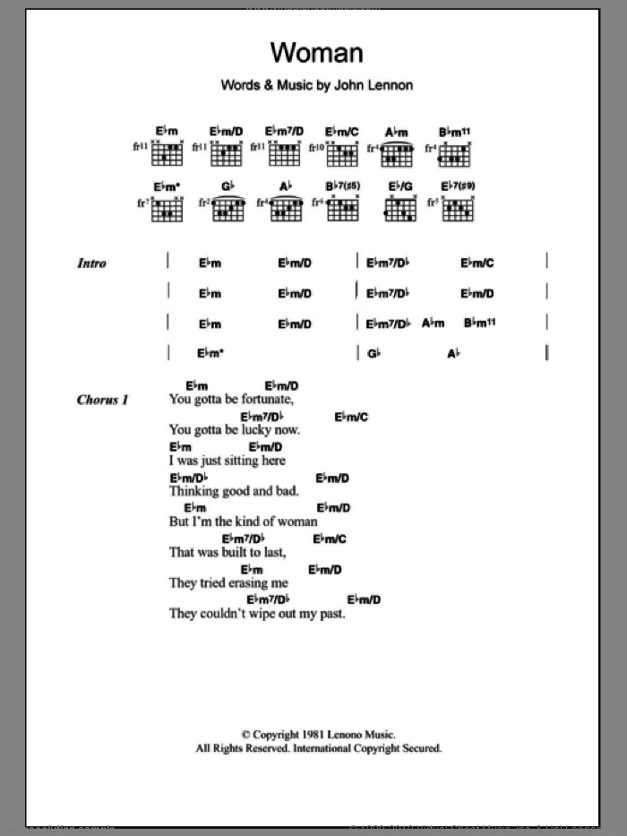 Woman sheet music for guitar (chords) by Neneh Cherry, Cameron McVey, John Lennon and Jonathan Sharp, intermediate skill level