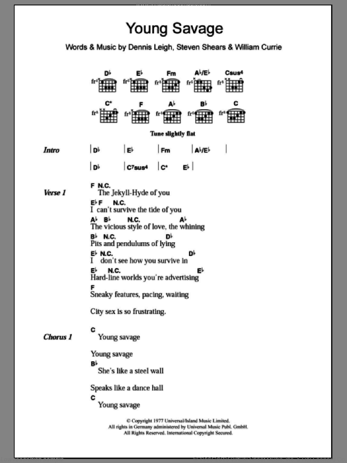 Young Savage sheet music for guitar (chords) by Tiger Lily, Billy Currie, Dennis Leigh and Steven Shears, intermediate skill level