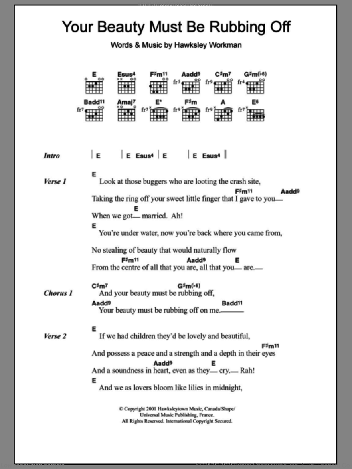 Your Beauty Must Be Rubbing Off sheet music for guitar (chords) by Hawksley Workman, intermediate skill level