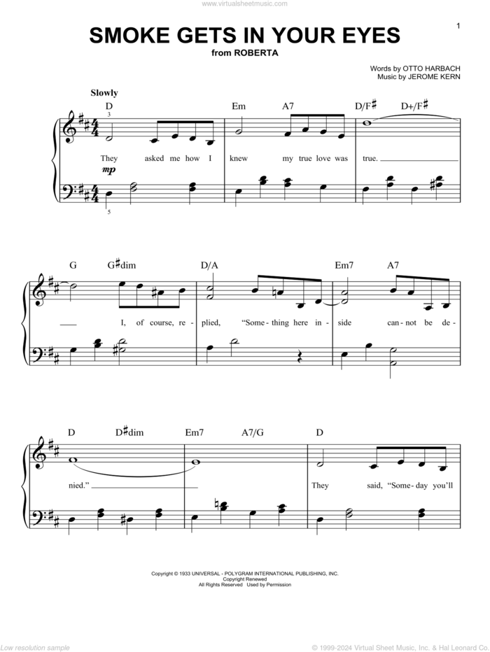 Smoke Gets In Your Eyes sheet music for piano solo by Jerome Kern, The Platters and Otto Harbach, easy skill level