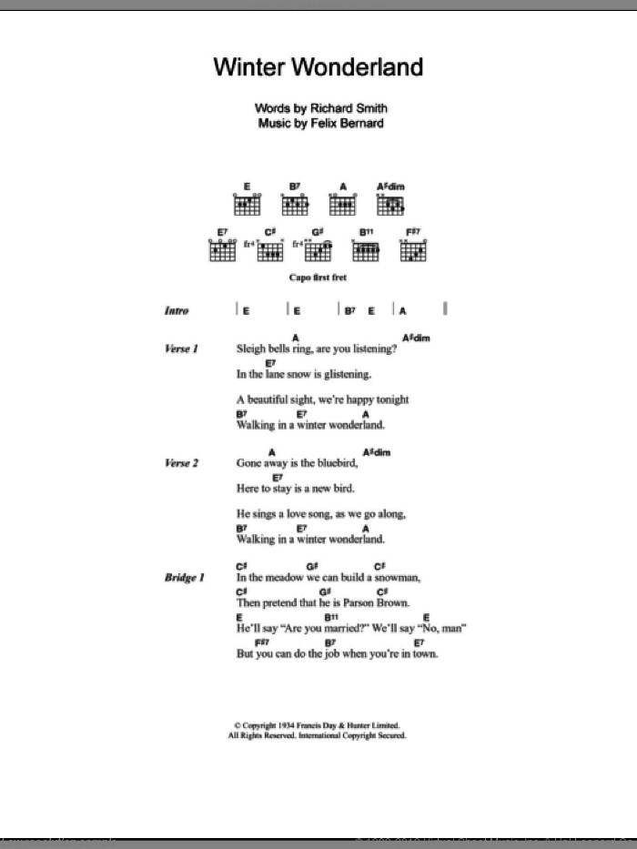 Winter Wonderland sheet music for guitar (chords) by Richard Smith, Johnny Mathis and Felix Bernard, intermediate skill level