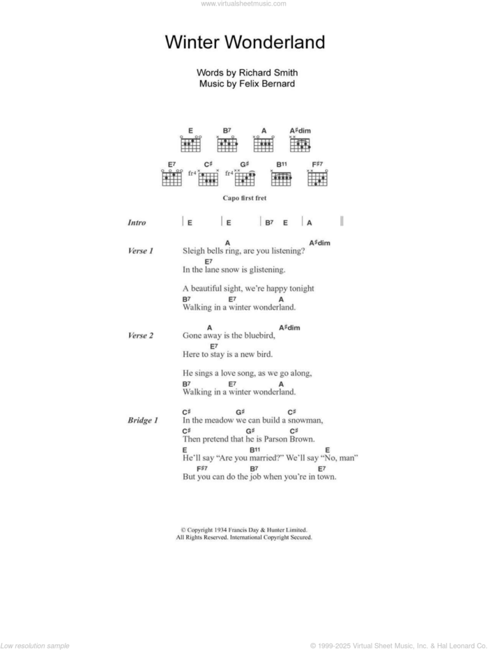 Winter Wonderland sheet music for guitar (chords) by Richard Smith, Johnny Mathis and Felix Bernard, intermediate skill level
