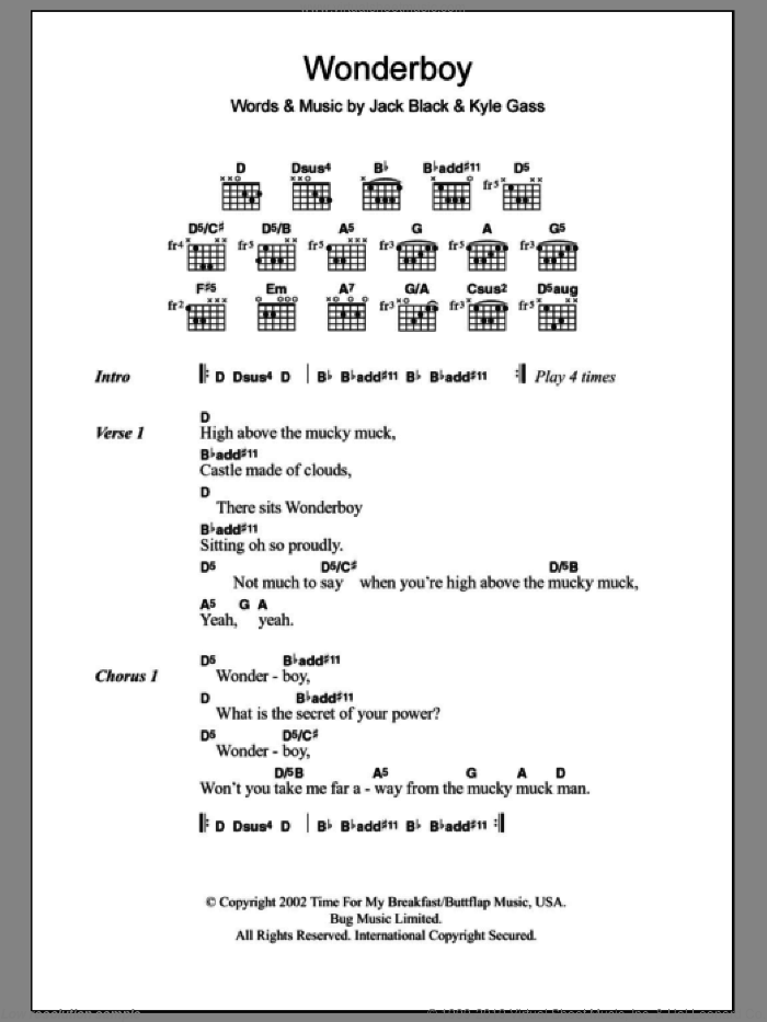 Wonderboy sheet music for guitar (chords) by Tenacious D, The White Stripes, Jack Black and Kyle Gass, intermediate skill level