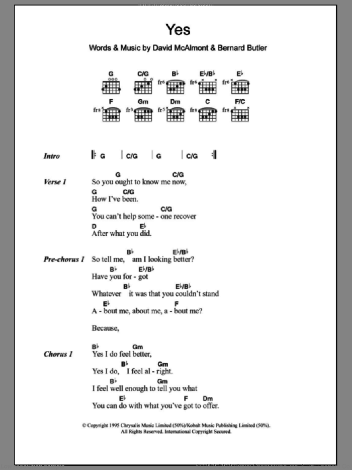 Yes sheet music for guitar (chords) by Bernard Butler, McAlmont  & Butler and David McAlmont, intermediate skill level