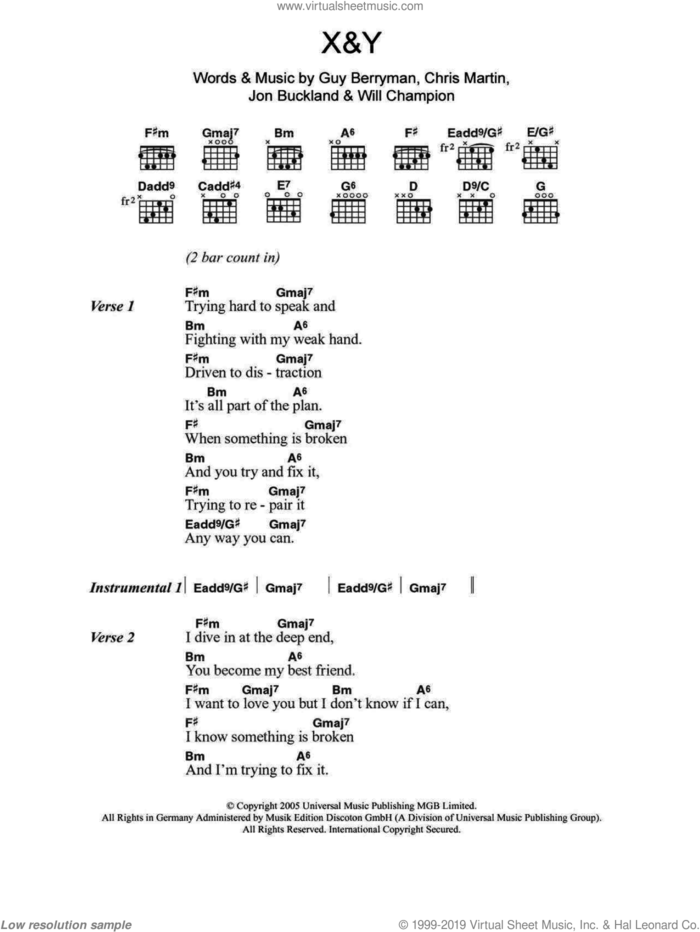 X&Y sheet music for guitar (chords) by Coldplay, Chris Martin, Guy Berryman, Jon Buckland and Will Champion, intermediate skill level