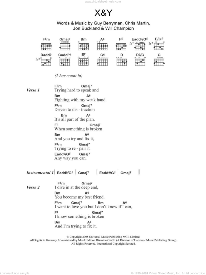 X&Y sheet music for guitar (chords) by Coldplay, Chris Martin, Guy Berryman, Jon Buckland and Will Champion, intermediate skill level