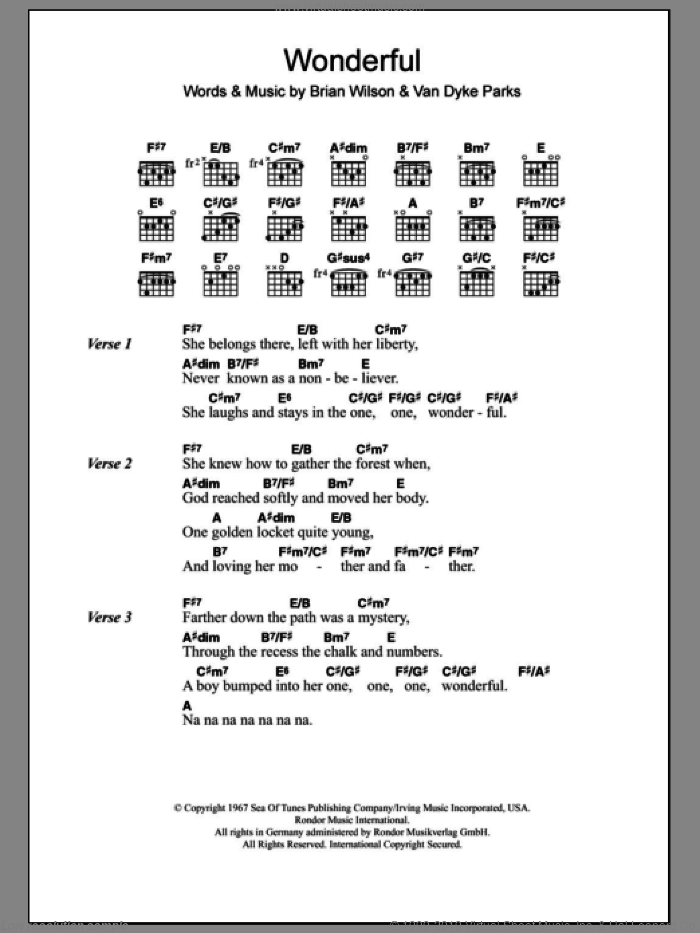 Wonderful sheet music for guitar (chords) by The Beach Boys, Brian Wilson and Van Dyke Parks, intermediate skill level