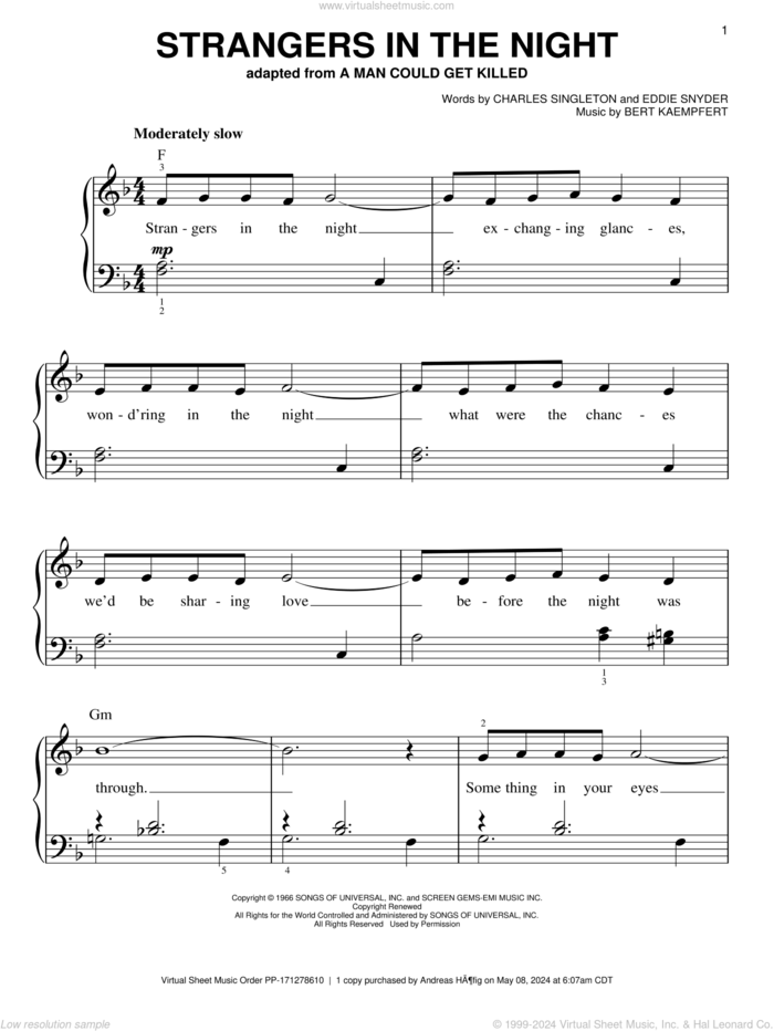 Strangers In The Night sheet music for alto saxophone solo (PDF)