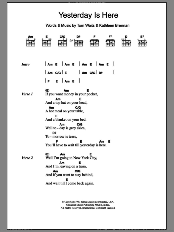 Yesterday Is Here sheet music for guitar (chords) by Tom Waits and Kathleen Brennan, intermediate skill level