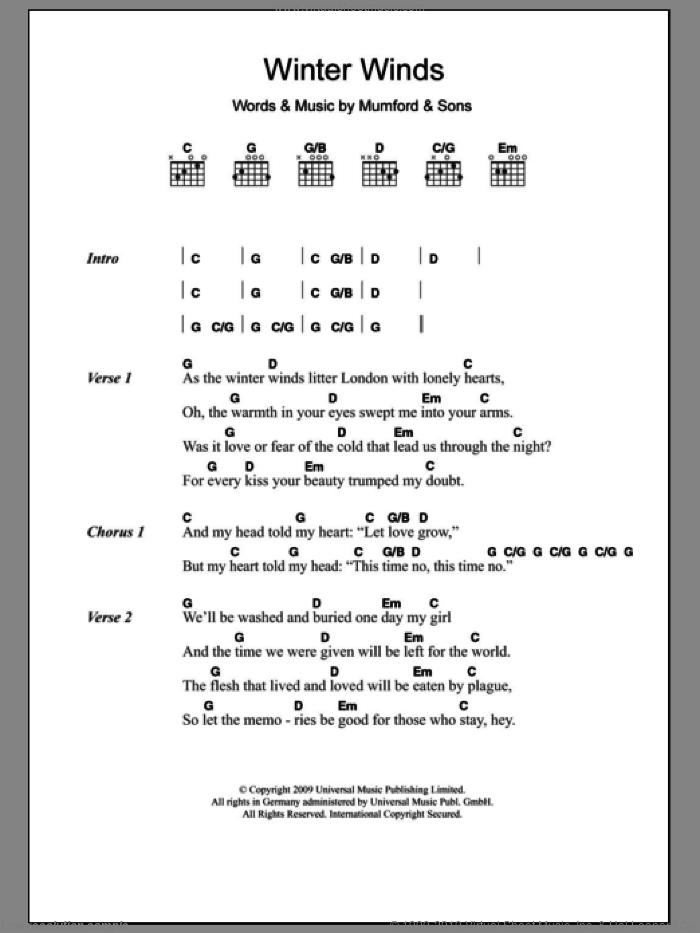 Winter Winds sheet music for guitar (chords) by Mumford & Sons, intermediate skill level