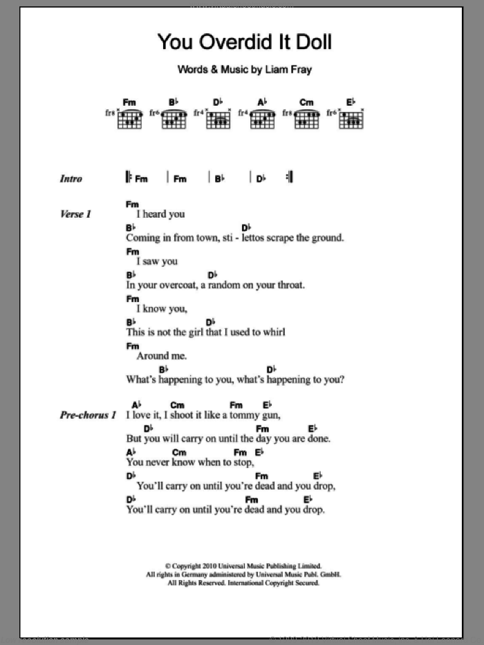You Overdid It Doll sheet music for guitar (chords) by The Courteeners and Liam Fray, intermediate skill level