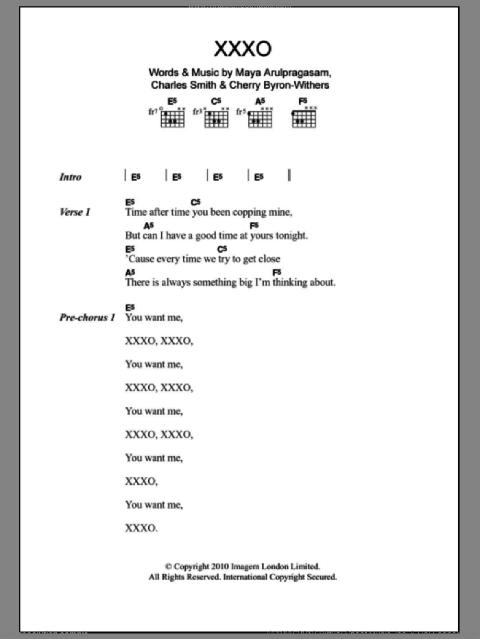 XXXO sheet music for guitar (chords) by M.I.A., Charles Smith, Cherry Byron-Withers and Maya Arulpragasam, intermediate skill level