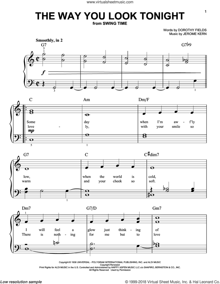 The Way You Look Tonight sheet music for piano solo by Jerome Kern, Michael Buble and Dorothy Fields, wedding score, beginner skill level