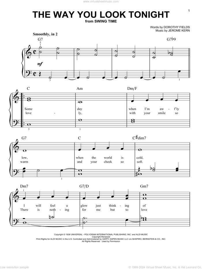 The Way You Look Tonight sheet music for piano solo by Jerome Kern, Michael Buble and Dorothy Fields, wedding score, beginner skill level