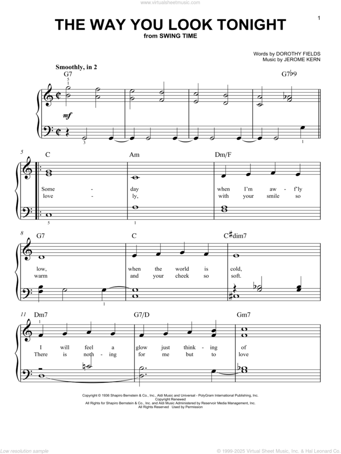 The Way You Look Tonight sheet music for piano solo by Jerome Kern, Michael Buble and Dorothy Fields, wedding score, beginner skill level