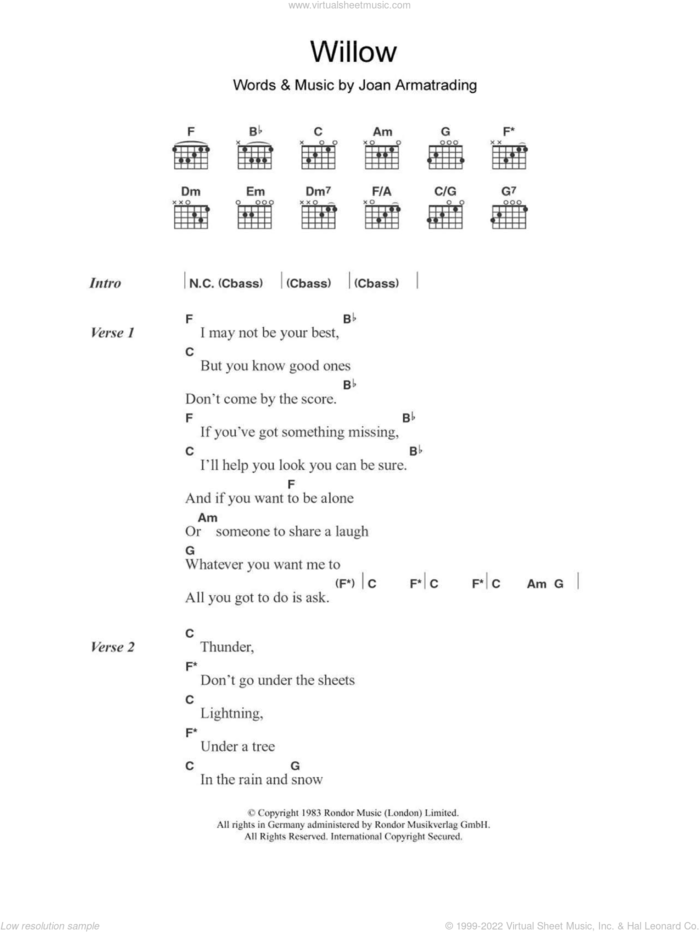 Willow sheet music for guitar (chords) by Joan Armatrading, intermediate skill level