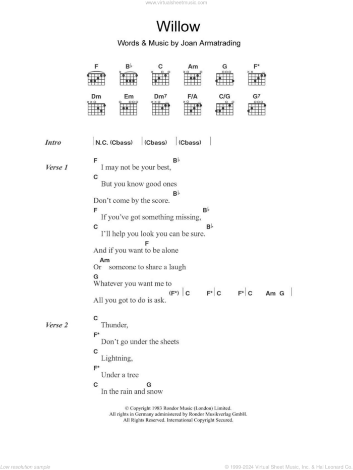 Willow sheet music for guitar (chords) by Joan Armatrading, intermediate skill level