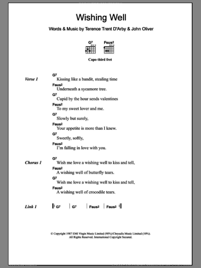 Wishing Well sheet music for guitar (chords) by Terence Trent D'Arby and John Oliver, intermediate skill level