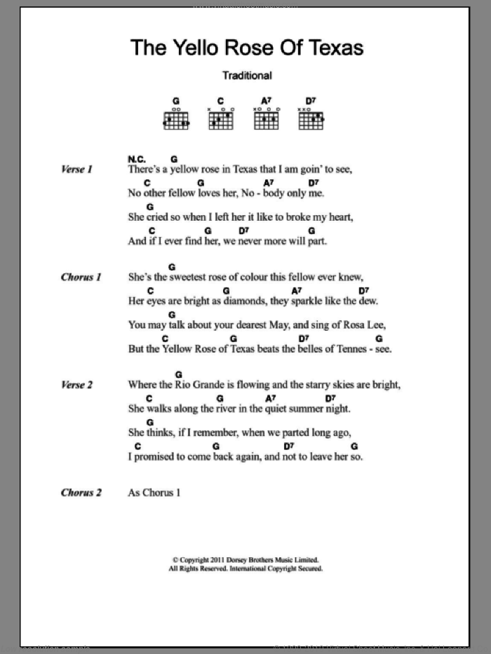 The Yellow Rose Of Texas sheet music for guitar (chords), intermediate skill level