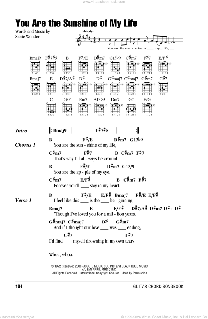 You Are The Sunshine Of My Life sheet music for guitar (chords) by Stevie Wonder, wedding score, intermediate skill level