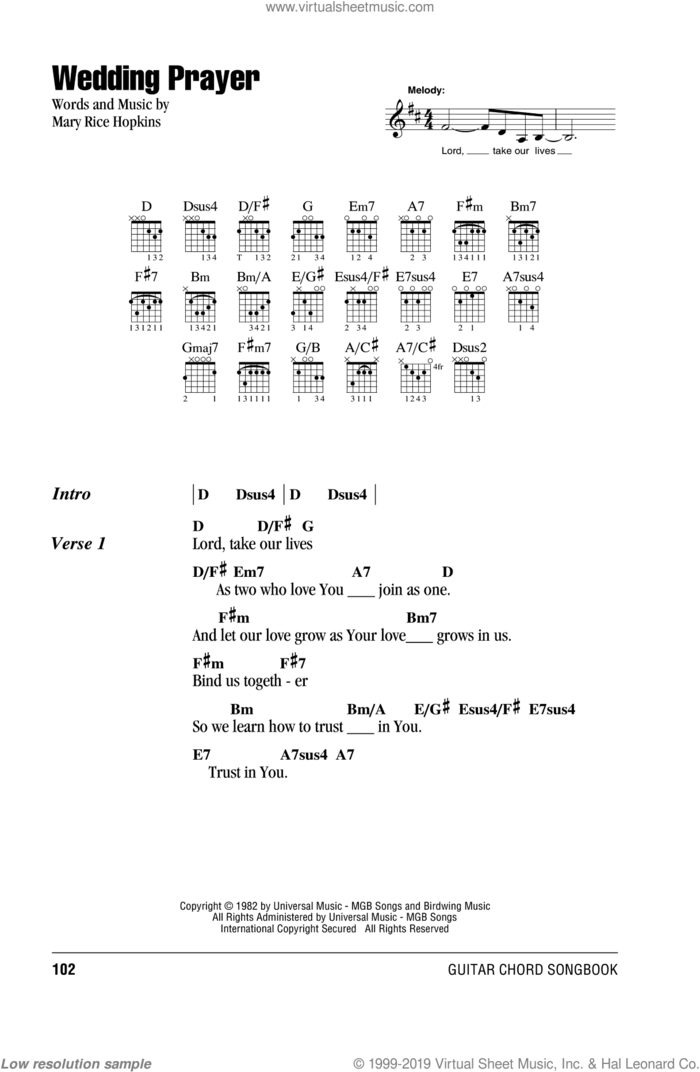 Wedding Prayer sheet music for guitar (chords) by Mary Rice Hopkins, wedding score, intermediate skill level