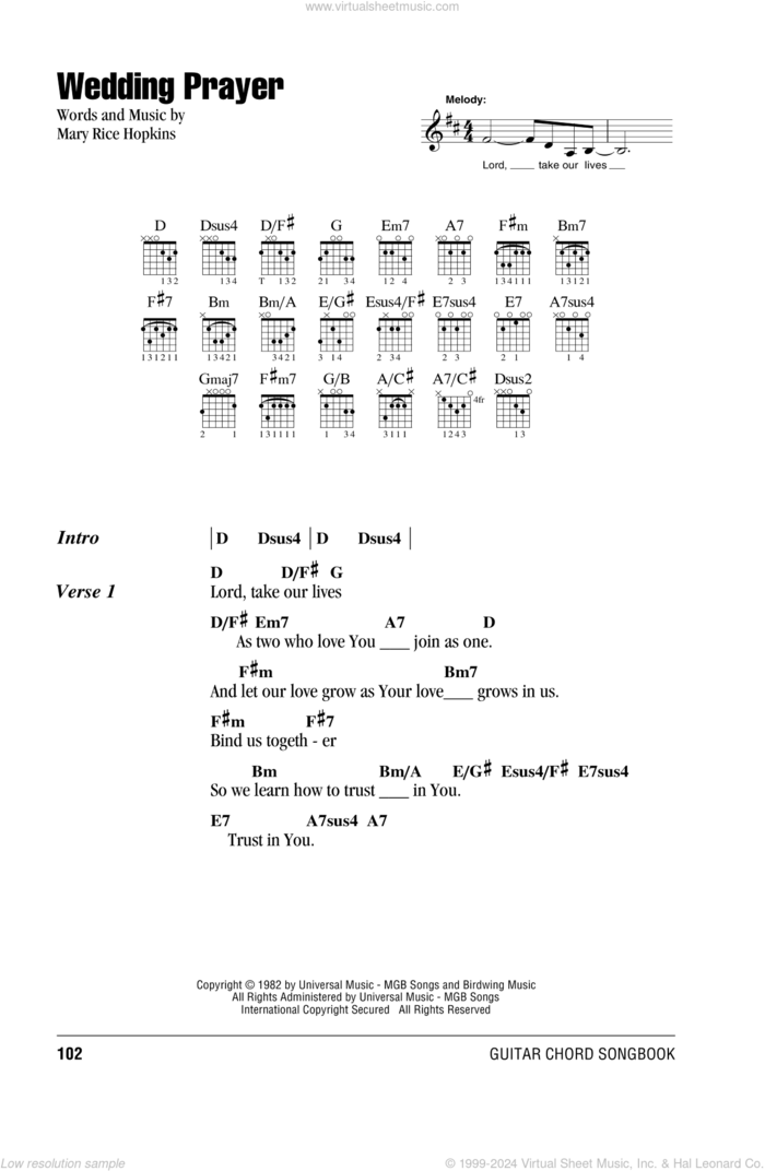 Wedding Prayer sheet music for guitar (chords) by Mary Rice Hopkins, wedding score, intermediate skill level