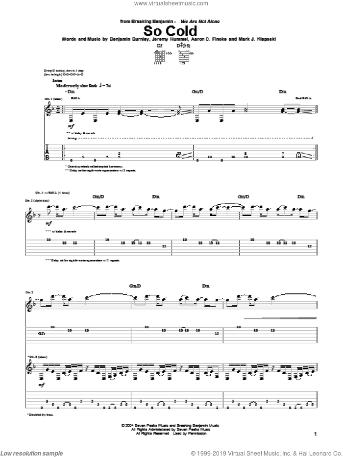 So Cold sheet music for guitar (tablature) by Breaking Benjamin, Aaron C. Fincke, Benjamin Burnley, Jeremy Hummel and Mark J. Klepaski, intermediate skill level