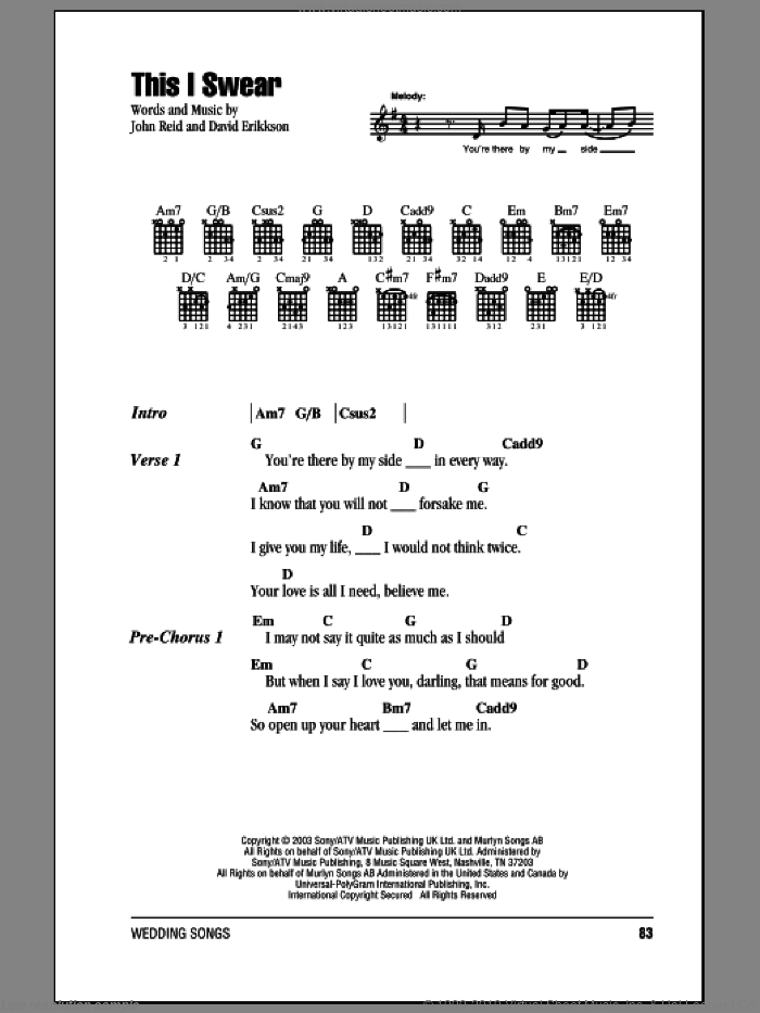 This I Swear sheet music for guitar (chords) by John Reid and David Eriksen, wedding score, intermediate skill level