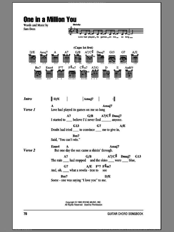One In A Million You sheet music for guitar (chords) by Larry Graham and Sam Dees, wedding score, intermediate skill level
