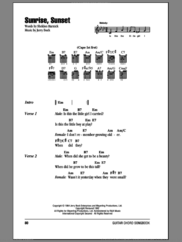 Sunrise, Sunset sheet music for guitar (chords) by Bock & Harnick, Fiddler On The Roof (Musical), Jerry Bock and Sheldon Harnick, wedding score, intermediate skill level
