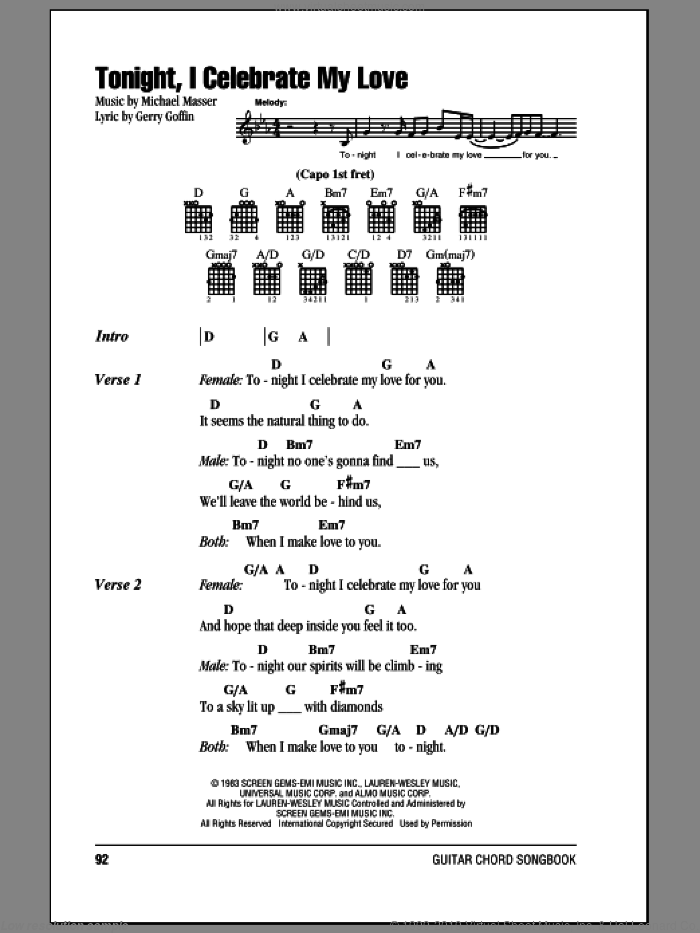 Tonight, I Celebrate My Love sheet music for guitar (chords) by Roberta Flack, Gerry Goffin and Michael Masser, wedding score, intermediate skill level