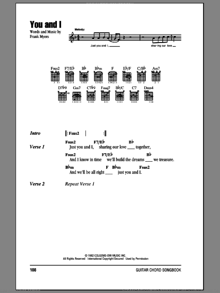 You And I sheet music for guitar (chords) by Eddie Rabbitt with Crystal Gayle and Frank Myers, wedding score, intermediate skill level
