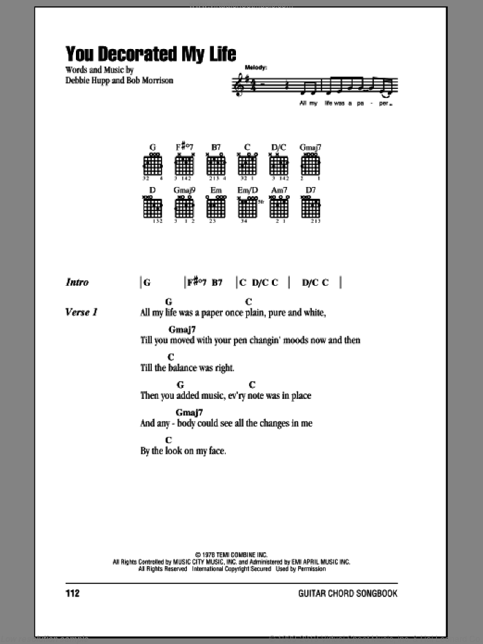 You Decorated My Life sheet music for guitar (chords) by Kenny Rogers, Bob Morrison and Debbie Hupp, wedding score, intermediate skill level