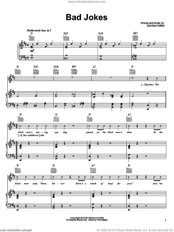 Bad Jokes sheet music for voice, piano or guitar by Garrison Keillor, intermediate skill level