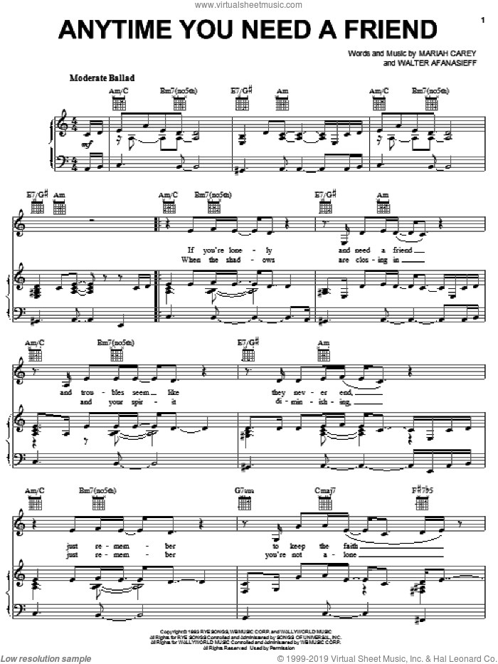 Anytime You Need A Friend sheet music for voice, piano or guitar by Mariah Carey and Walter Afanasieff, intermediate skill level