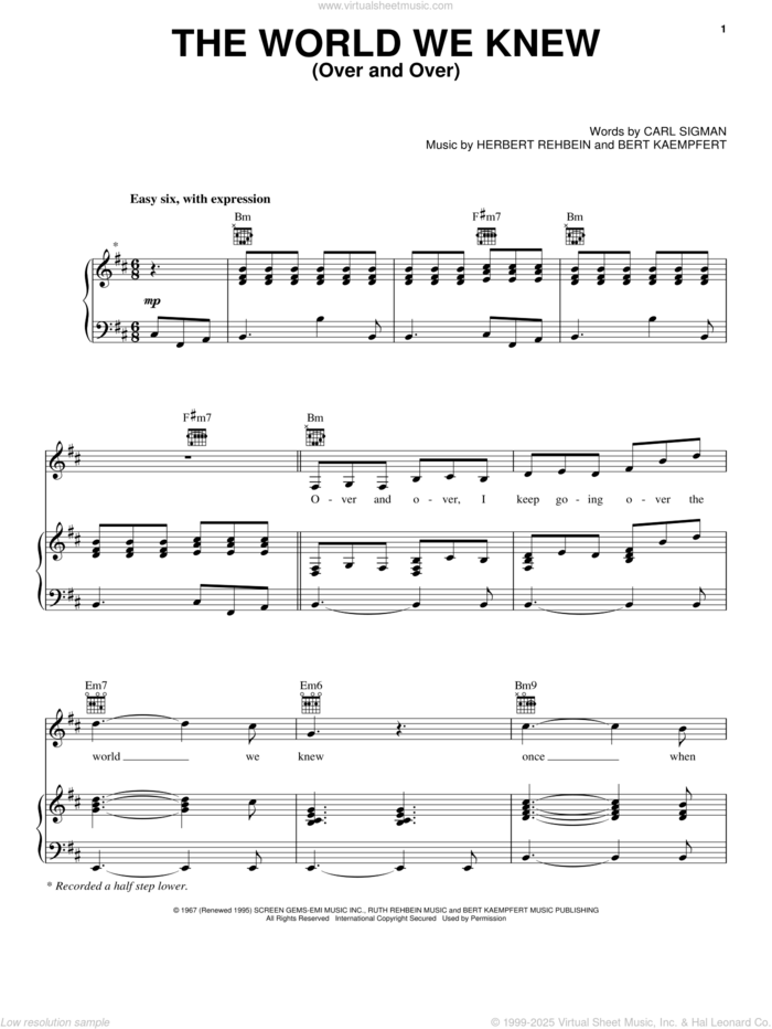 World We Knew (Over And Over) sheet music for voice, piano or guitar by Frank Sinatra, Berthold Kaempfert, Carl Sigman and Herbert Rehbein, intermediate skill level