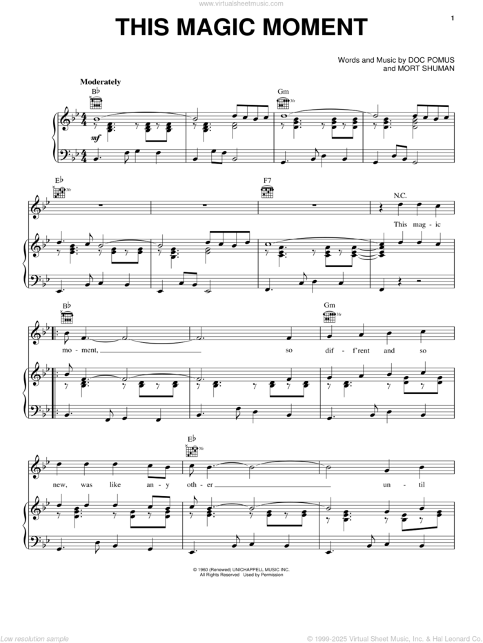 This Magic Moment sheet music for voice, piano or guitar by Jay & The Americans, Doc Pomus, Jerome Pomus and Mort Shuman, intermediate skill level