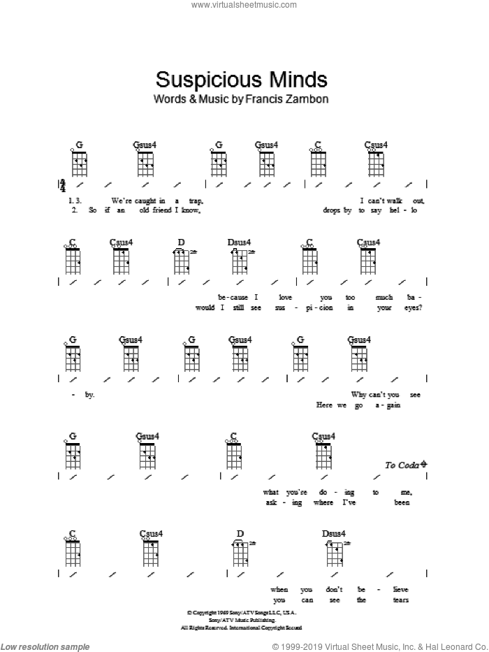 Suspicious Minds sheet music for ukulele (chords) by Elvis Presley and Francis Zambon, intermediate skill level