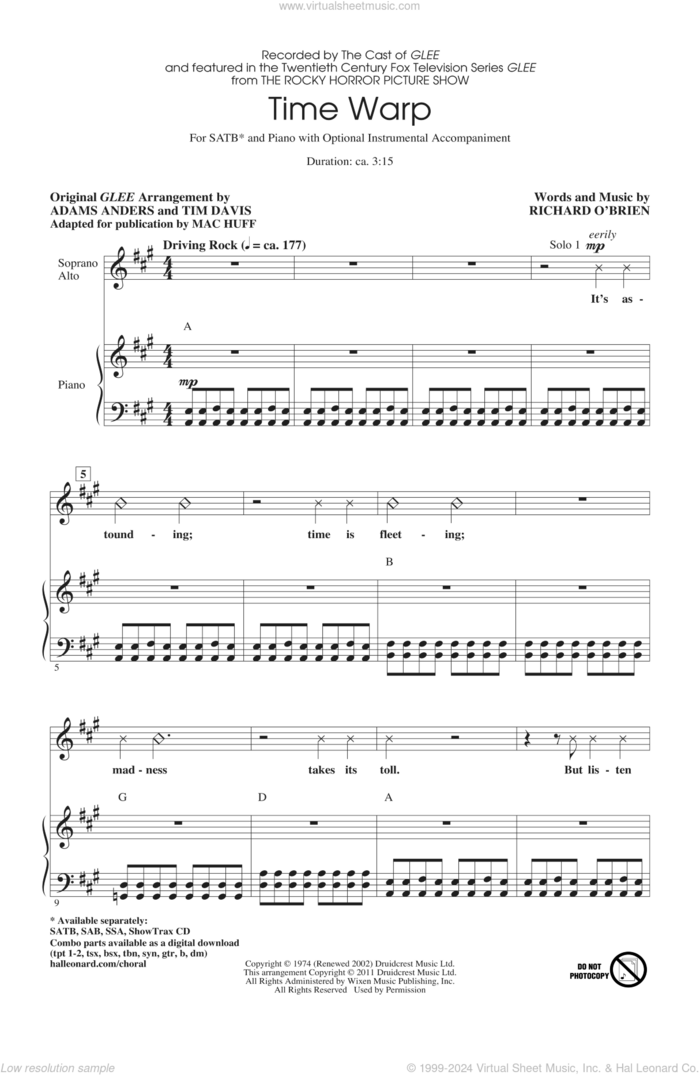 Time Warp sheet music for choir (SATB: soprano, alto, tenor, bass) by Richard O'Brien, Adam Anders, Glee Cast, Mac Huff, Miscellaneous and Tim Davis, intermediate skill level