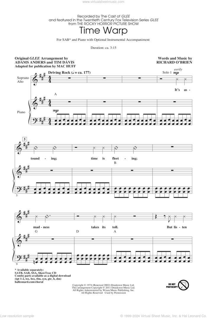 Time Warp sheet music for choir (SAB: soprano, alto, bass) by Richard O'Brien, Adam Anders, Glee Cast, Mac Huff, Miscellaneous and Tim Davis, intermediate skill level