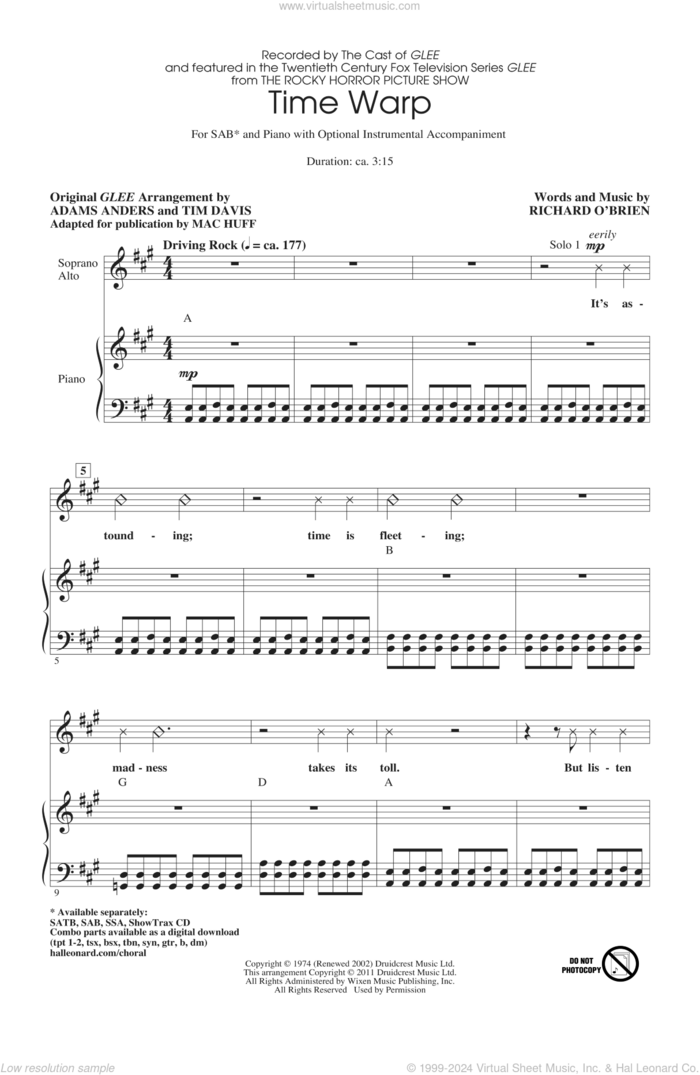 Time Warp sheet music for choir (SAB: soprano, alto, bass) by Richard O'Brien, Adam Anders, Glee Cast, Mac Huff, Miscellaneous and Tim Davis, intermediate skill level