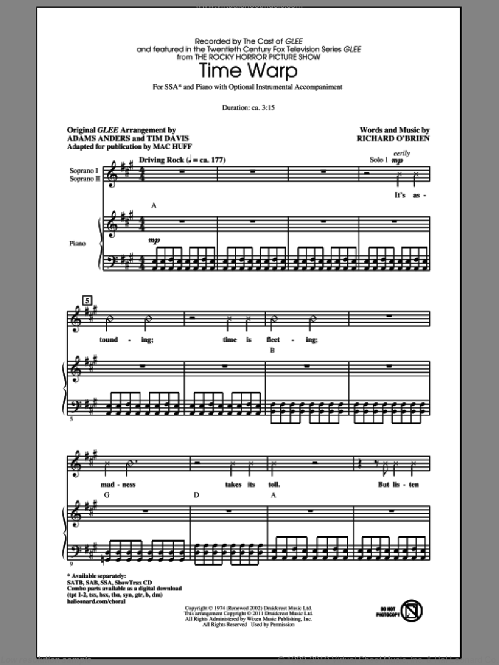 Time Warp sheet music for choir (SSA: soprano, alto) by Richard O'Brien, Adam Anders, Glee Cast, Mac Huff, Miscellaneous and Tim Davis, intermediate skill level
